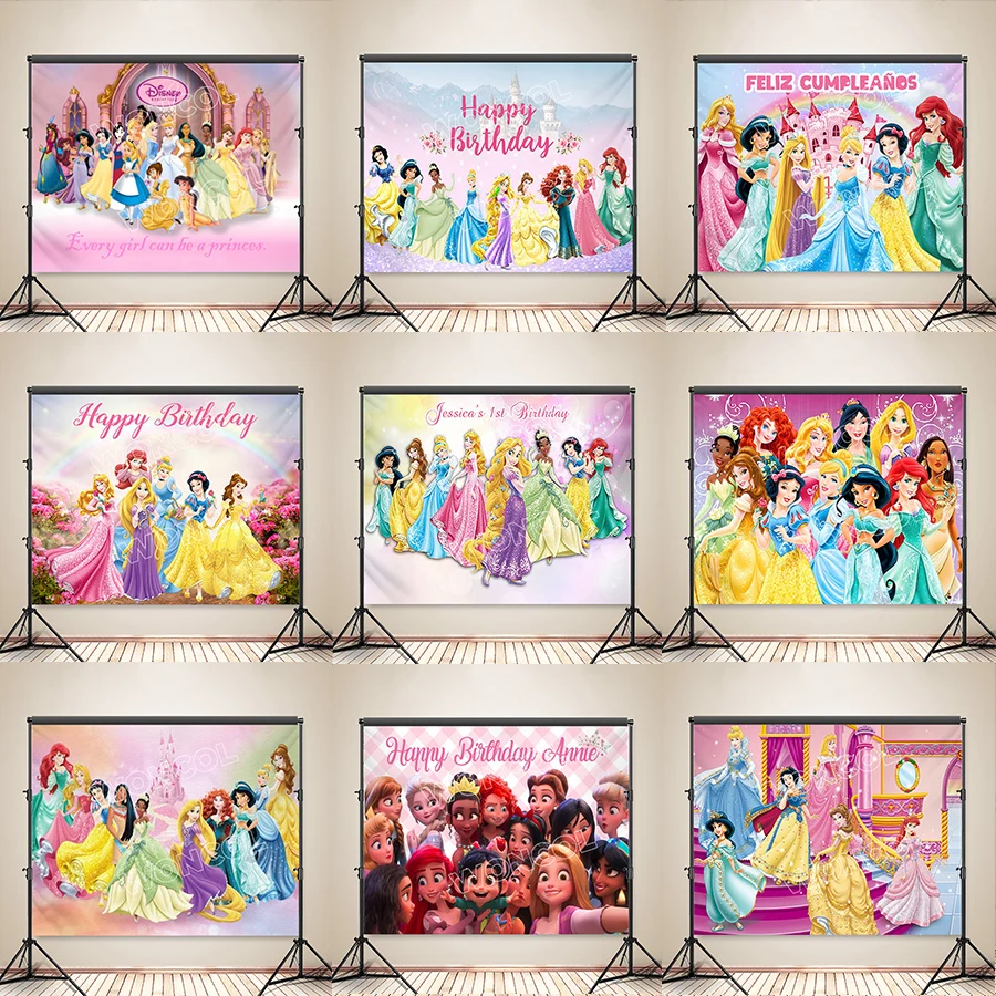 Disney Princess Custom Banner Princess Birthday Background Snow White Aurora Ariel Tiana Belle Cinderella Rapunzel Backdrop