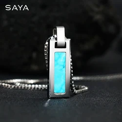 Necklace for Men Natural Turquoise Pendant High end Trendy Brand Tungsten Black Agate Fashion Versatile，Engraving