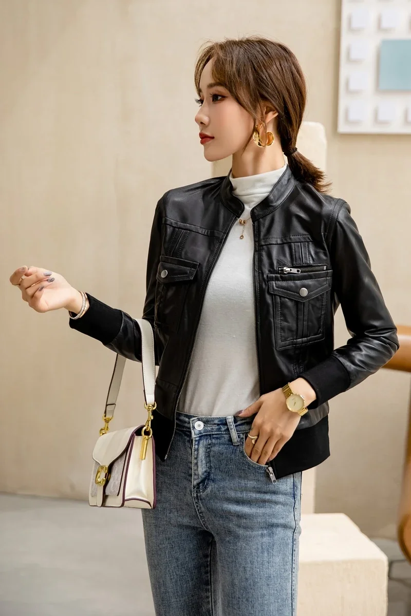 YOLANFAIRY الخريف جلد الغنم Bomber معطف المرأة سترة جلدية عالية الخصر ضئيلة قصيرة دراجة نارية سترة الإناث Roupas Femininas