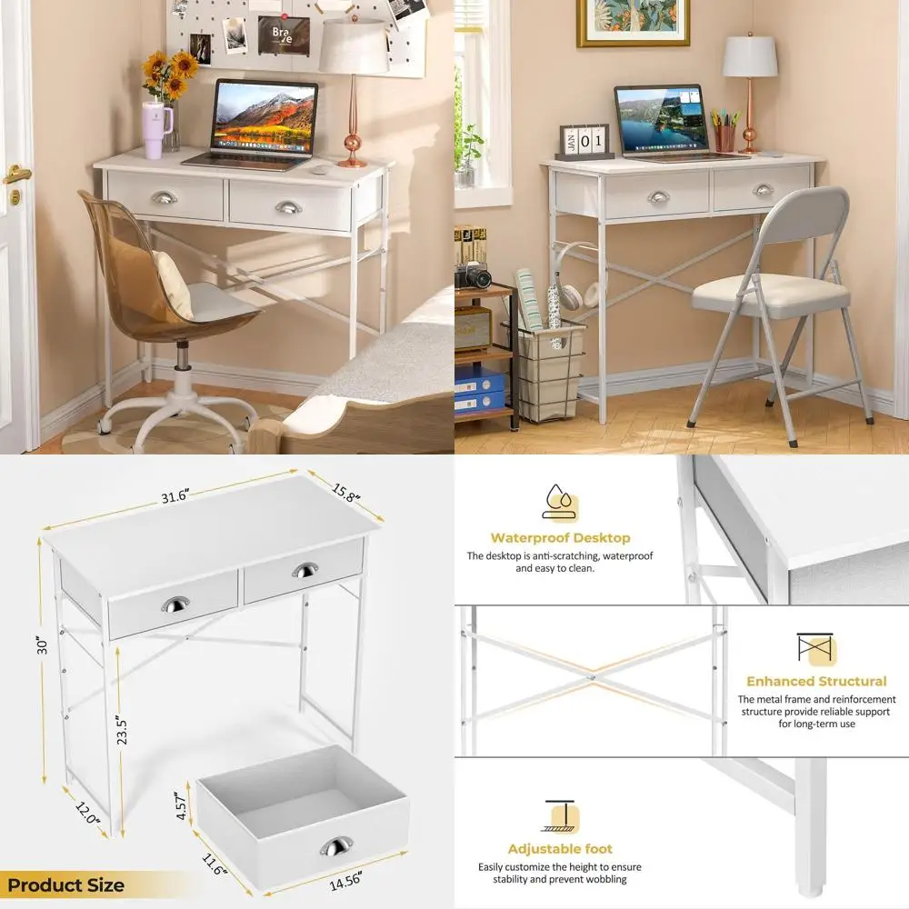 

Компактный белый стол для детской комнаты, экономичный компьютерный стол 31,5 дюйма с 2 тканевыми ящиками, идеально подходит для домашнего офиса, общежития и гостиной