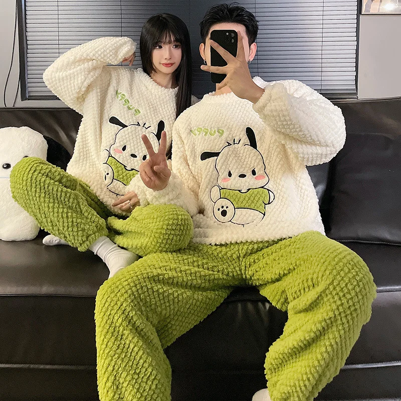 Sanrio Pacha Dog Winter New Couple Pajamas Women\'s Cartoon Warm Coral Fleece Cute Cartoon Men\'s Flannel Homewear Suit