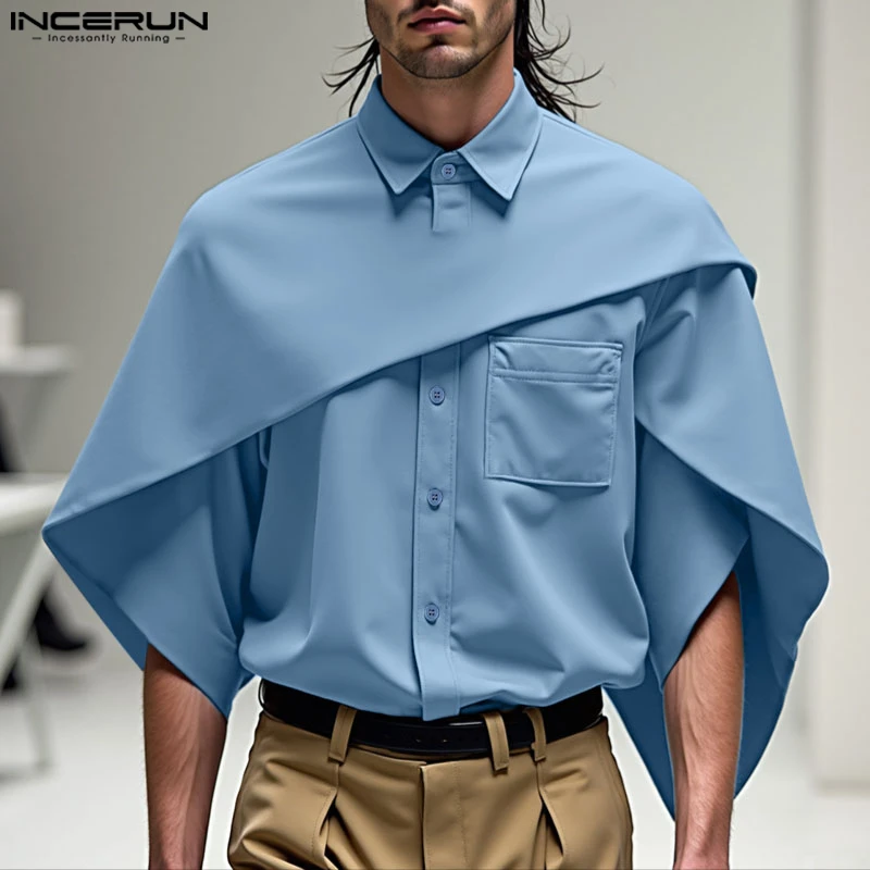 INCERUN Men Irregular Shirt Solid Color Lapel Short Sleeve Cape Shirts Men Streetwear 2025 Loose Fashion Men Clothing Tops S-5XL