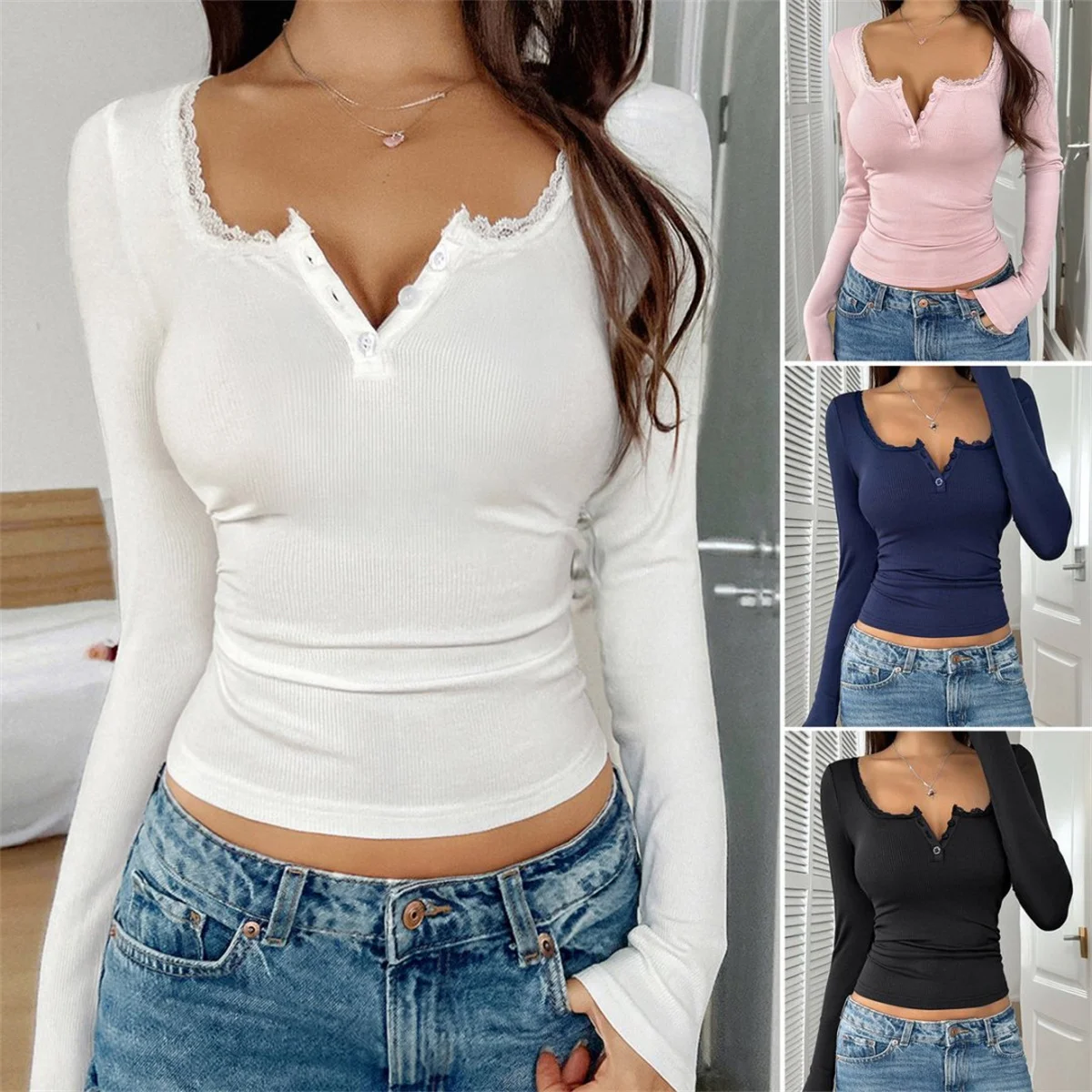 

Women Y2K Lace Button Tops Autumn Spring Long Sleeve Solid Fashion T-shirts Slim Sexy Basic Pullover Shirt Casual Street Clothes