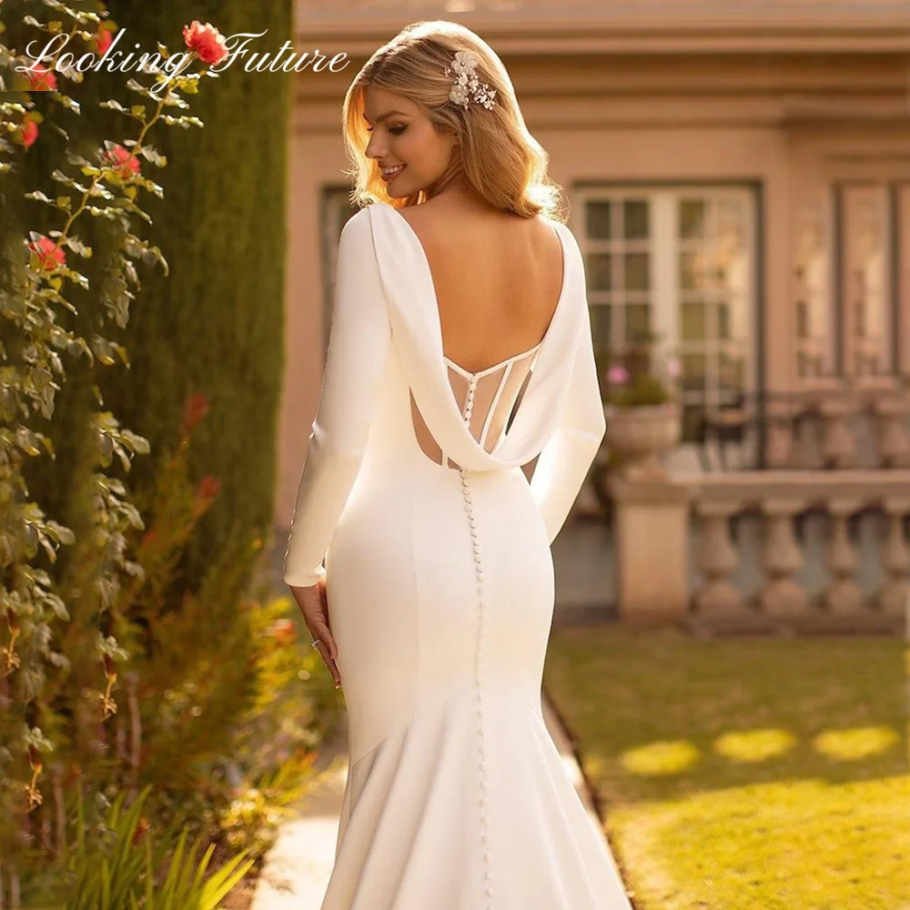 Robe de Mariée Sirène Élégante Personnalisée en Satin, Dos aux, Col Rond, pour Patients, Simple, Blanche, Manches sulf, Traîne de Balayage, 2025