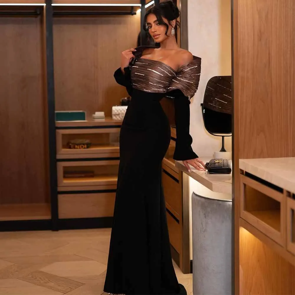 دبي فساتين حفلات النساء جيرسي حورية البحر فستان المشاهير البني والأسود خارج على الكتف اللؤلؤ مناسبة خاصة فستان طويل #1