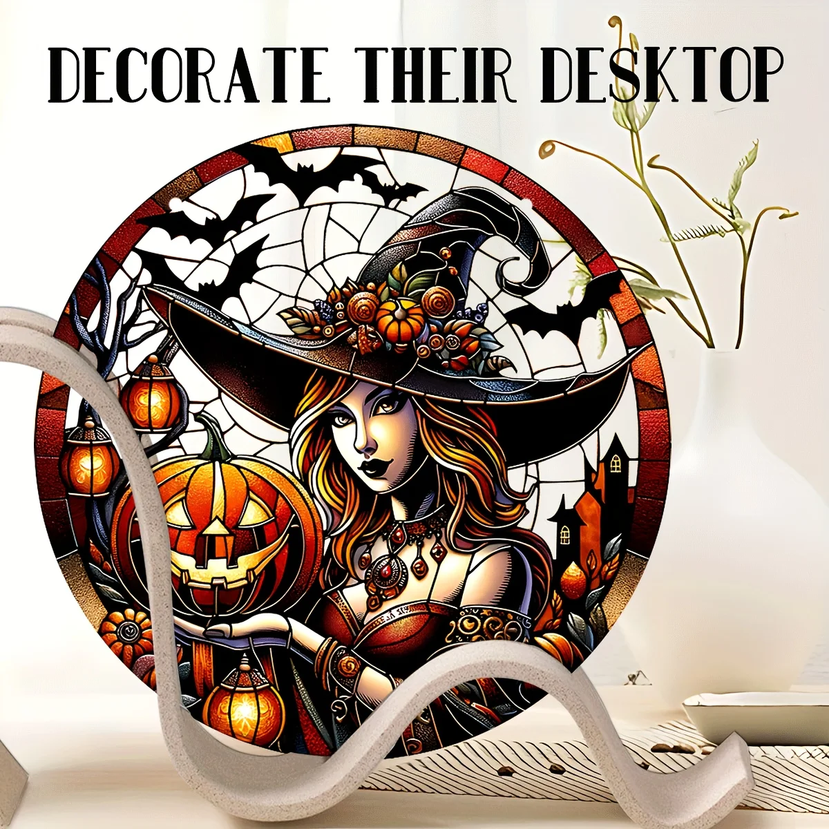 

Enchanting Witch Sun Catcher-Unique Baroque Design,Halloween Pumpkin Fall Bat Wreath Sign,Porch,Wall Accent for Autumn Season