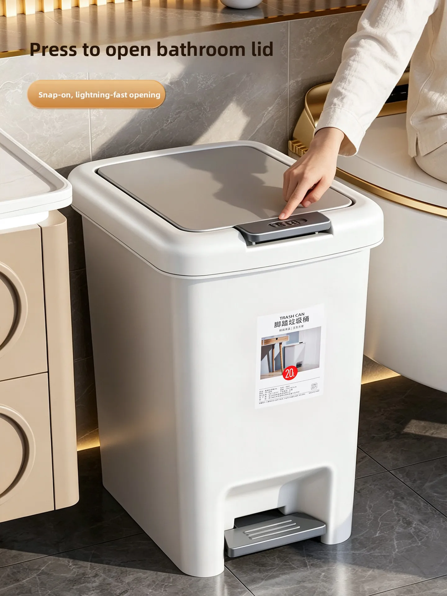 Large Capacity Pedal Operated Household Trash Can for Living Room Bathroom Kitchen Bedroom with Lid Square Shape Garbage Bin