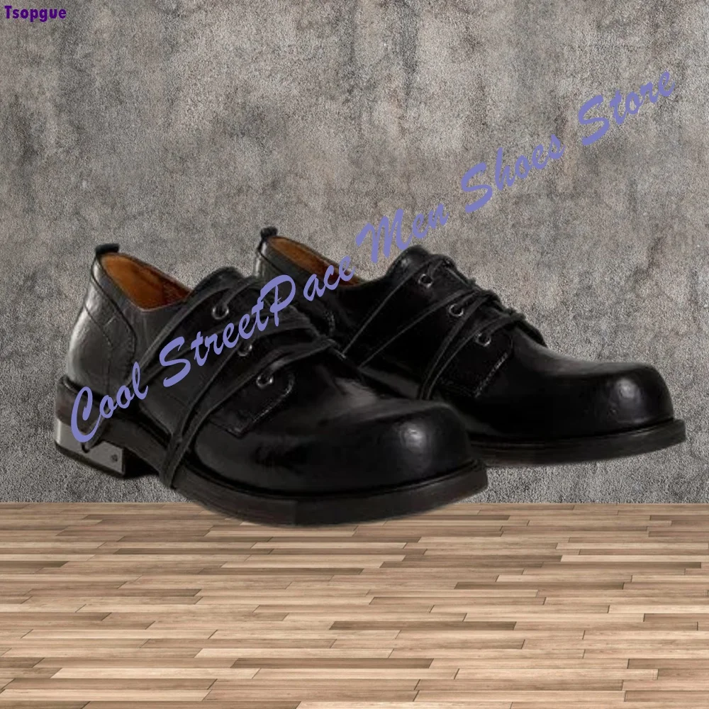 Men Vintage Wrinkle Leather Derby Shoes Irregular Cross Lace Up Dress Shoes Metal Block Heel Gothic Streetwear Casual Shoes