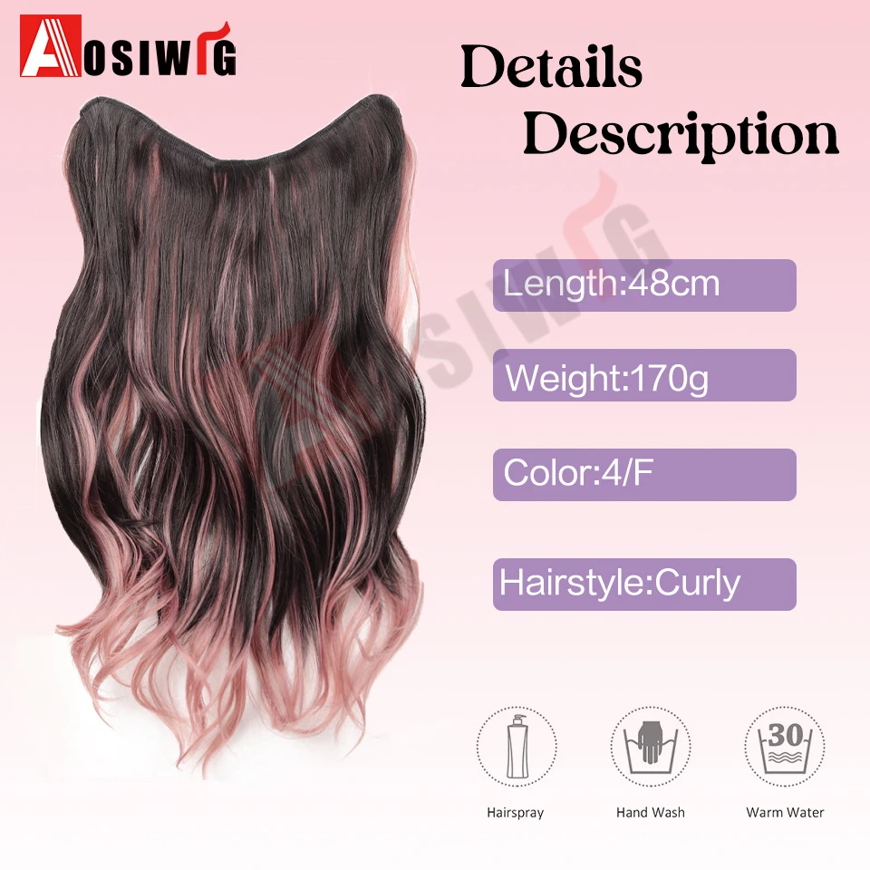 AOSI 19Inch Synthetic Long Wavy Curly 5 Clip in Hair Extension V-shaped Heat Resistant Black Gradient Pink Hairpiece for Women