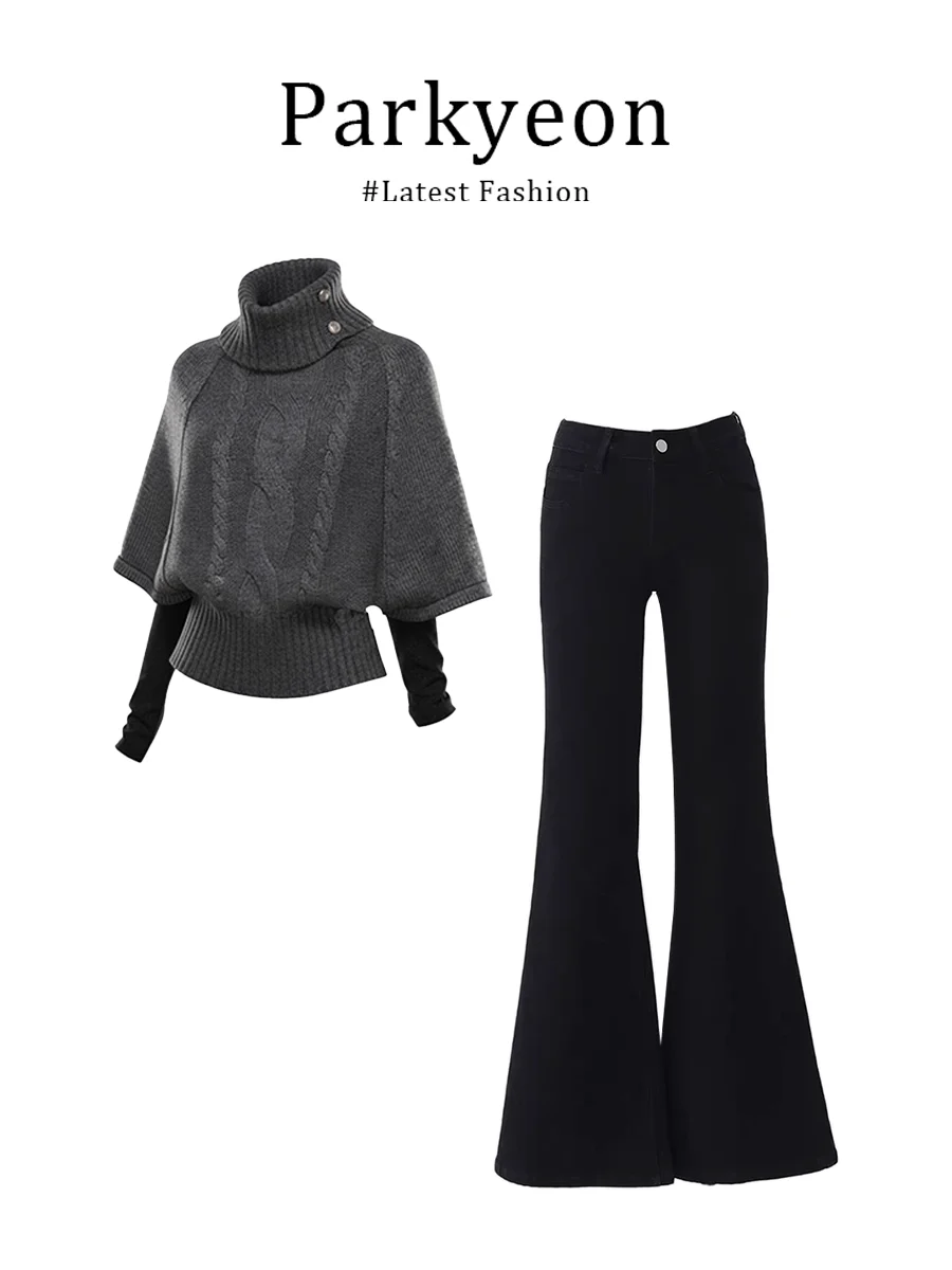 

Женский вязаный комплект Parkyeon: свитер с высоким воротником и свободные брюки, повседневный, с длинным рукавом, на молнии, теплый, зимний, модный комплект