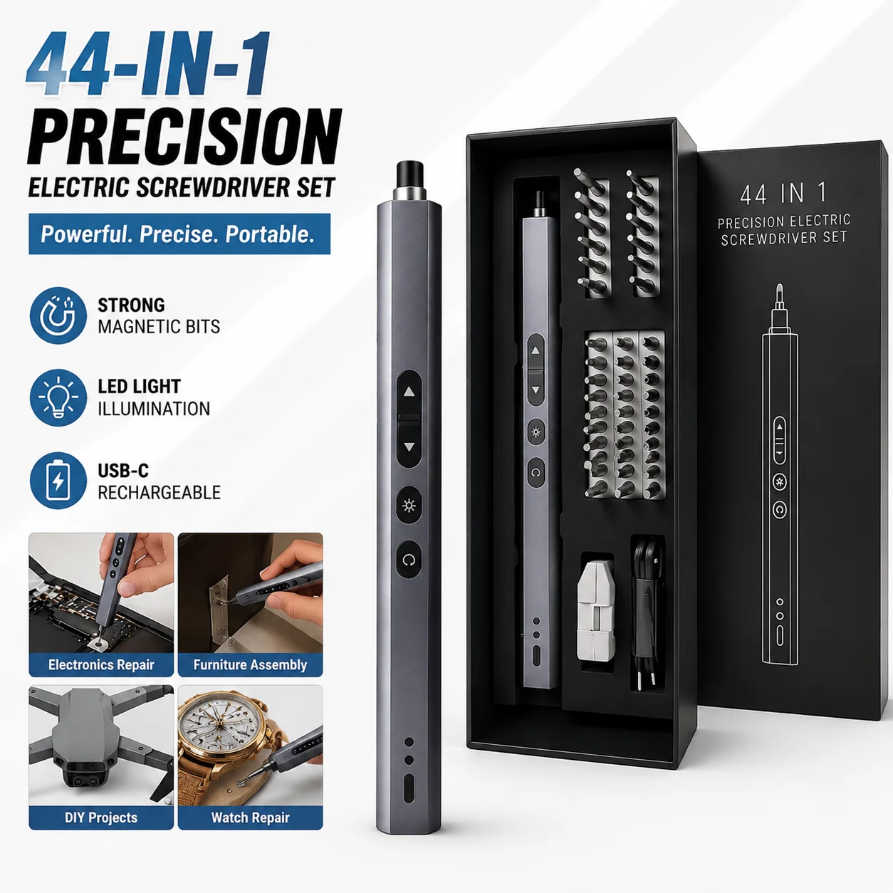 44-in-1 Precision Pen Style Electric Screwdriver Set Rechargeable Cordless LED Light Repair Tool for Phone Computer Watch