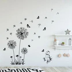 Cute Cat Black Dandelion Wall Sticker Butterflies Wall Living Room Bedroom Window Decoration Mural Art Decals Home Deco Stickers