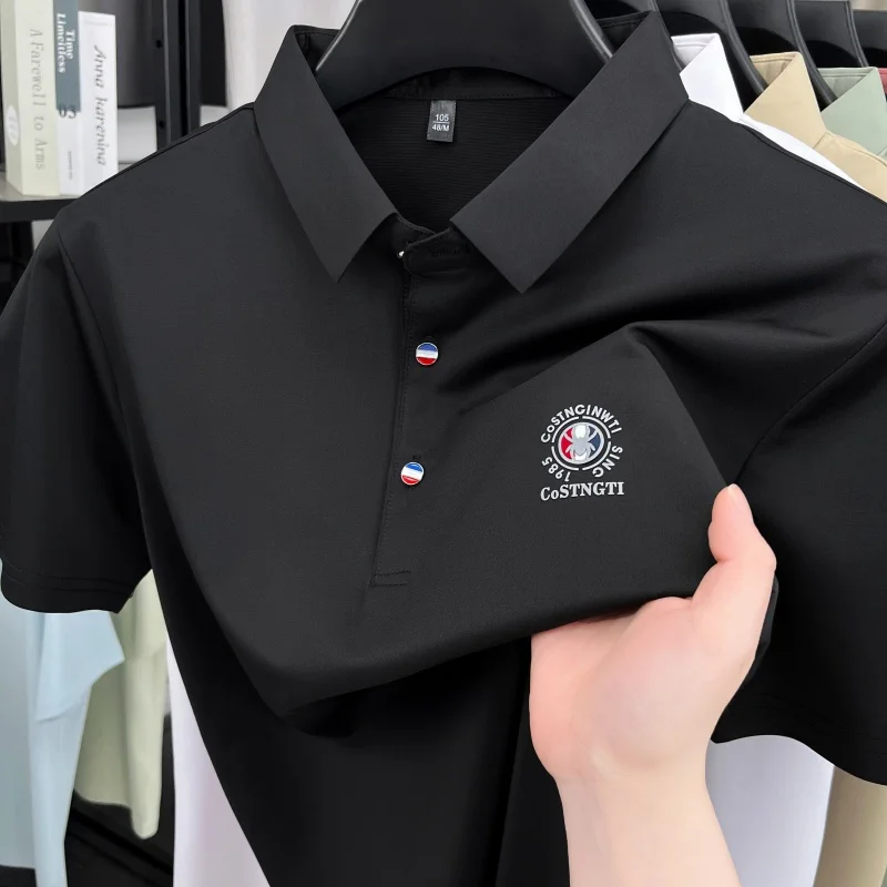 

Новая мужская бесшовная крутая рубашка поло с принтом, роскошная брендовая летняя деловая повседневная футболка без железа с короткими рукавами и лацканами, мужская одежда