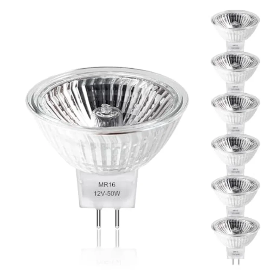 MR16 Halogen Bulbs 2 Pin, 12V 50W 6 Packs Halogen Light Bulbs Gu5.3 Base Dimmable with Clear Glass Cover, 2700K Warm White for