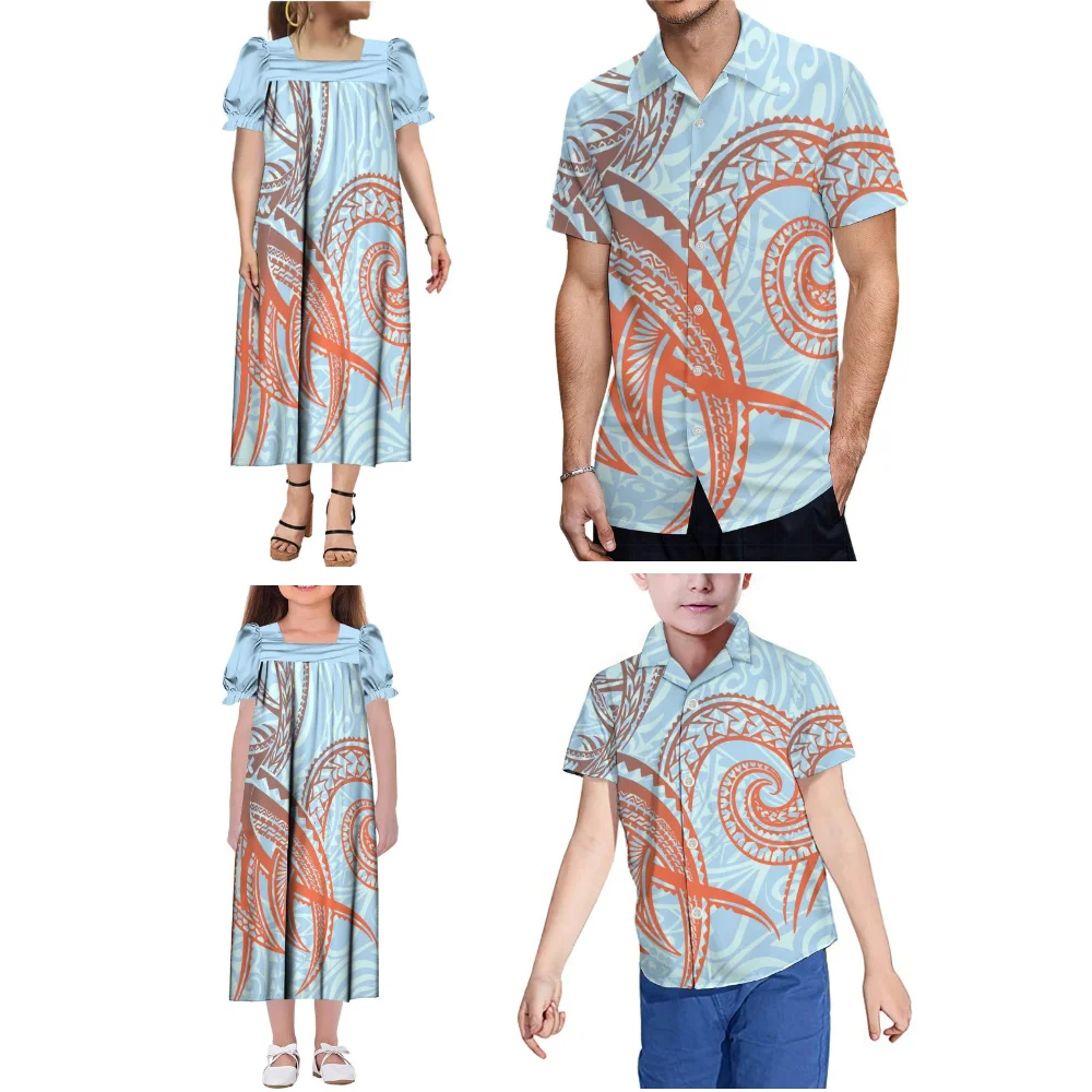 Polinésia impressão tribal feito sob encomenda verão novo conjunto mumu mãe-filha vestido de manga inchada pai-filho camisa casual havaiana