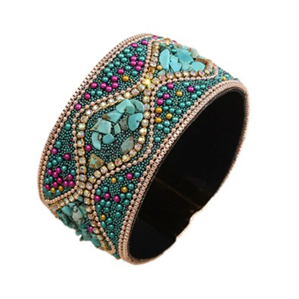 Ethnic Style Magnetic Clasp Bracelet Retro Bohemian Rhinestone Women's Bracelet Magnetic Closure Acrylic Beads