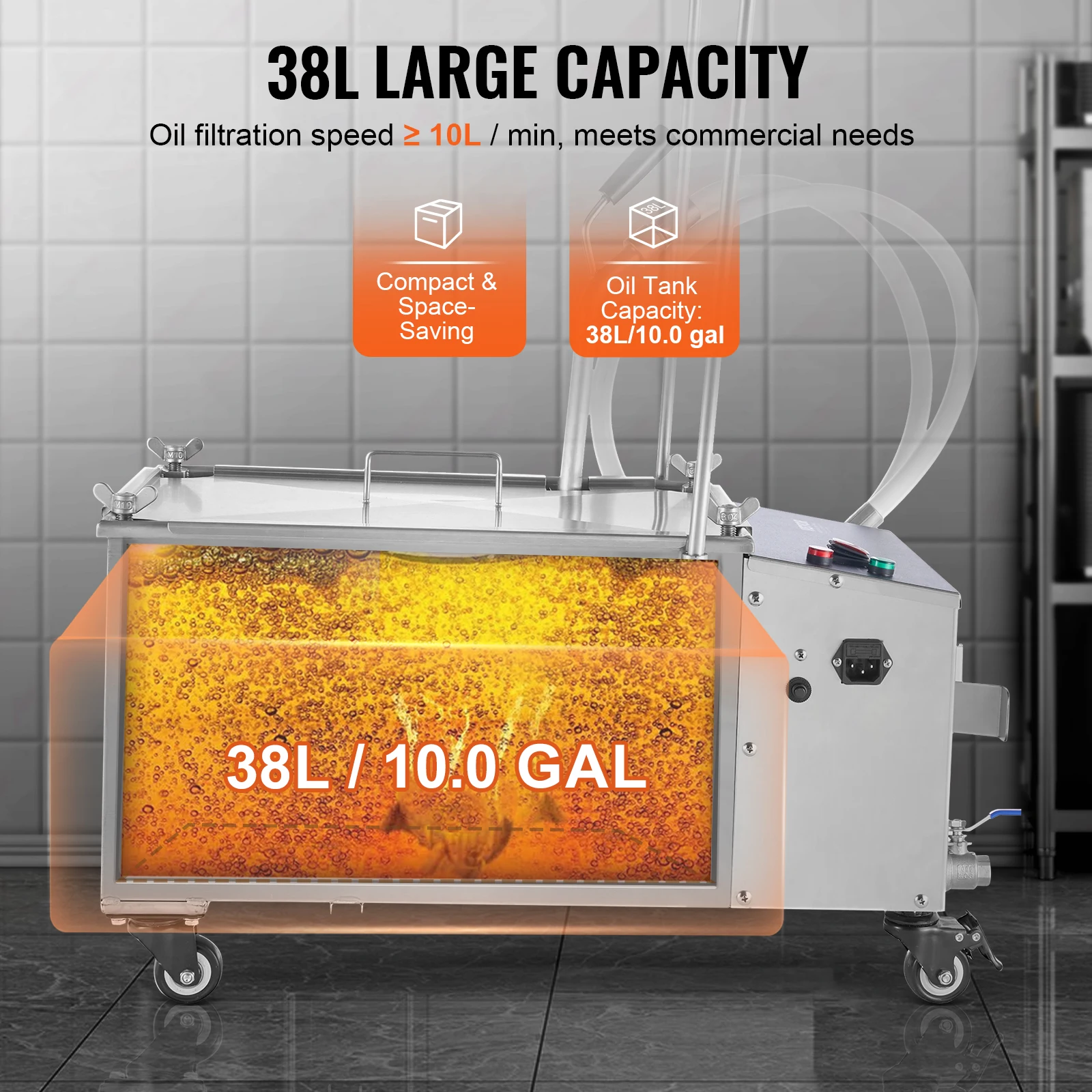 VEVOR Mobiel friteusefilter, olietankcapaciteit van 38 liter, oliefiltratiesysteem met oliefiltratiesnelheid van 10 l/min, olieslang voor hamburgerwinkels