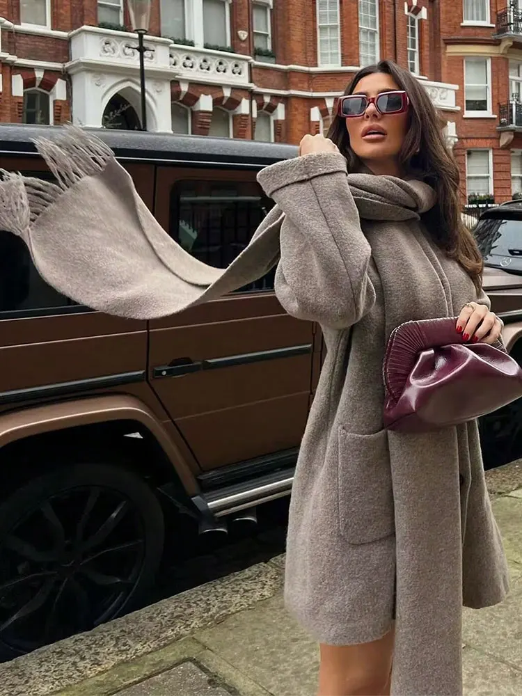 

HH Autumn Jacket For Women Elegant Solid Long Sleeve Knitted Coat With Scarf Winter Warm Loose Outerwear Female Streetwear