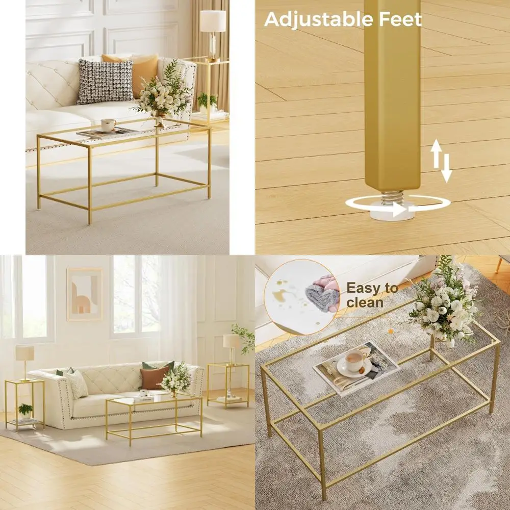 

Modern Golden Rectangular Coffee Table, Minimalist Design with Metal Frame, Ideal for Living Room and Office, Easy Assembly, 39.