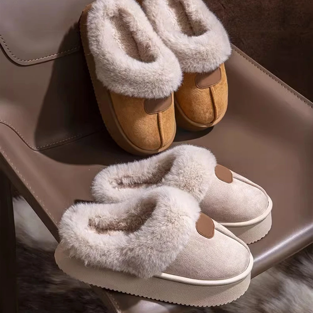 Basatu Fashion Fluffy Platform Slippers for Women Winter Plush Warm Cotton Shoes Comfort Non Slip Unisex Home Slippers