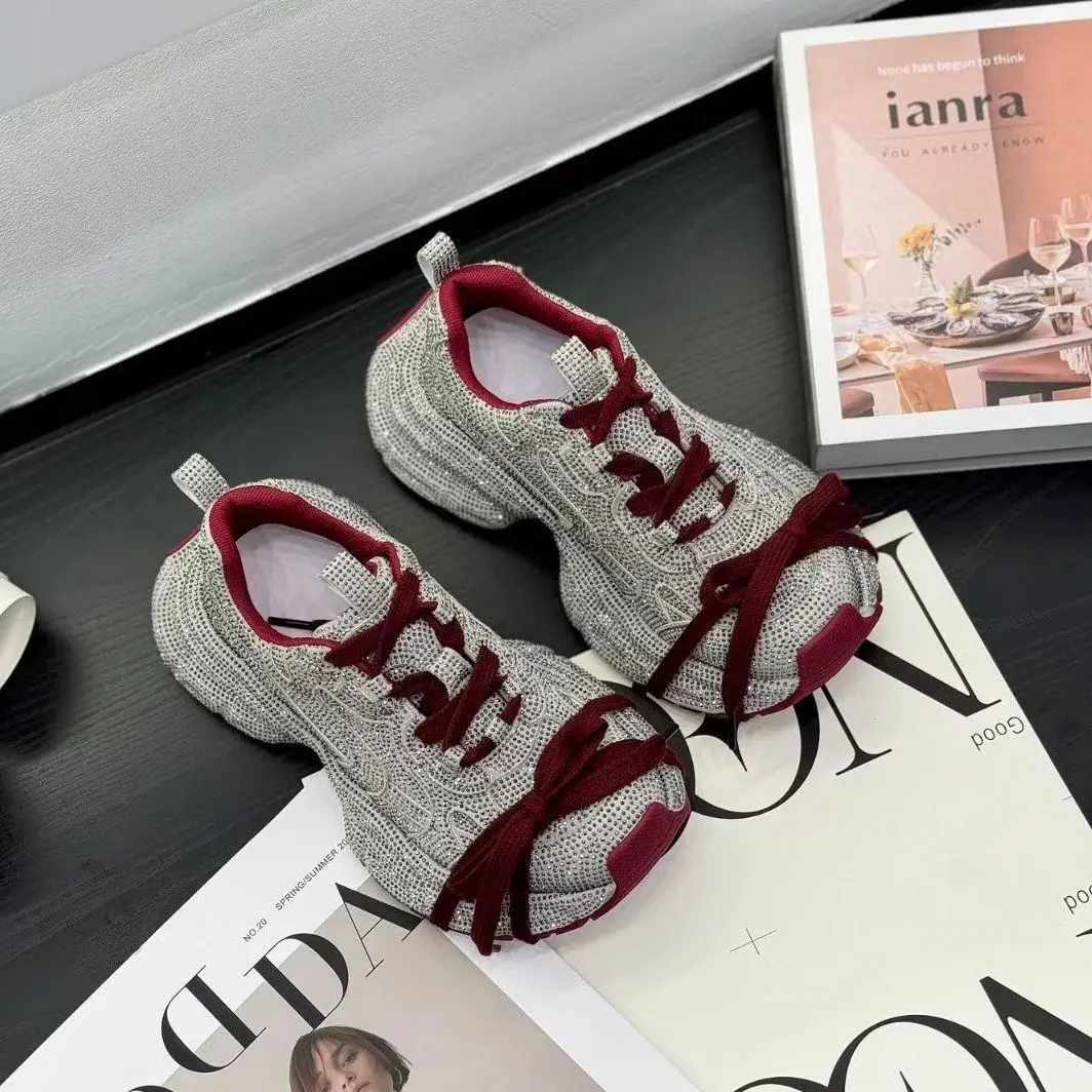 Women's 2025 Spring Autumn New Full Rhinestone Dad Sneakers Thick Sole Fashion Casual Sports Shoes - view 3