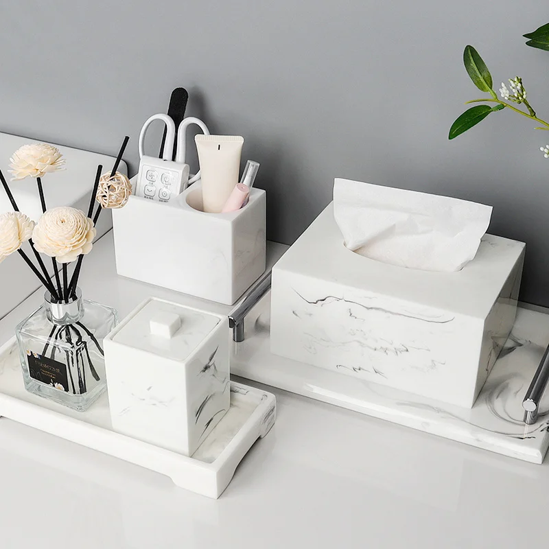 luxurious white ink Resin Bathroom Decoration Accessories upscale Five Piece toothbrush holder Shower storage tray