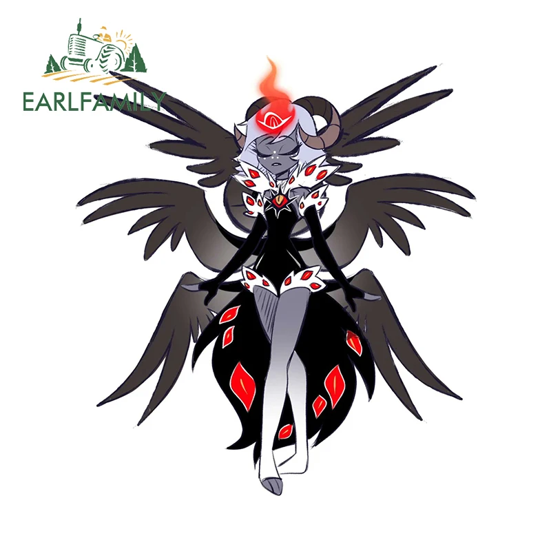 EARLFAMILY 13cm x 11.8cm Black Wings Devil Car Sticker Graffiti Fire Horn Creative DIY Caravan Decal Amusing Scratch-Proof Decor