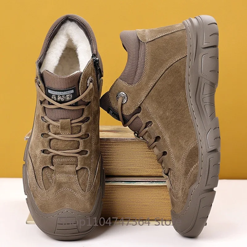Winter Genuine Suede High Top Boots Men's Wool Fur Lined Warm Snow Boots Non-slip Sole Side Zipper Outdoor Casual Ankle Boots