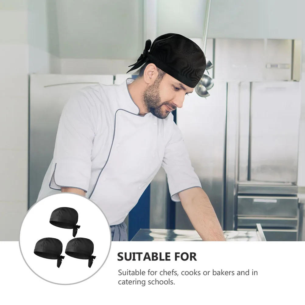 3 Pcs Chef Hat Turban BBQ Cooking Hair Caps for Ribbon Blank Catering Skull Restaurant Uniform Kitchen Working Pirate Black NEW