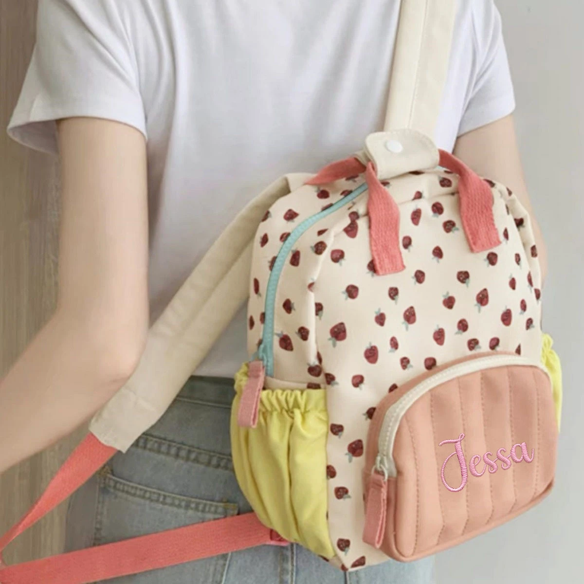 Personalized Embroidered Name Strawberry Backpack, Customized Cute Canvas Book Bag, Preschool Back to School Gift for Girls