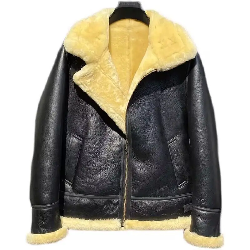 New Winter 2024 Men Genuine Sheepskin Shearling Leather Coat Pilot Jacket B3 100% Wool Liner Real Raccoon Hooded Black XXXXXXXL