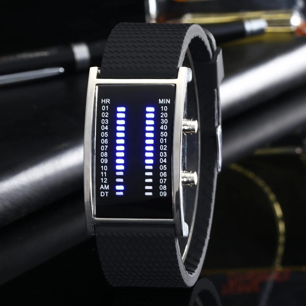 Binary LED Watches Couples Lovers Watch Gift Fashion Luxury Rectangle Shape Blue Light Silicone Men Sports Digital