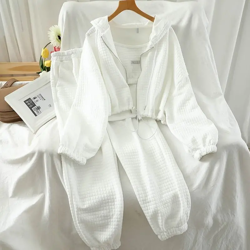 

Drawstring Hem Coat Cuffed Pants Loose Casual 2025 Autumn Women Three Pieces Matching Sets Waffle Knit Pant Set Solid Sport Cami