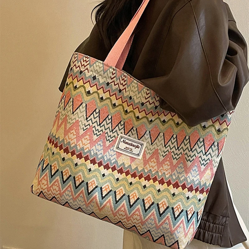 Bohemian Ethno-Stil Geometrischer Druck Canvas-Umhängetasche, Bunte Zickzack-Muster-Handtasche für Damen, Leichte Pendler-Tragetasche – Detail 16
