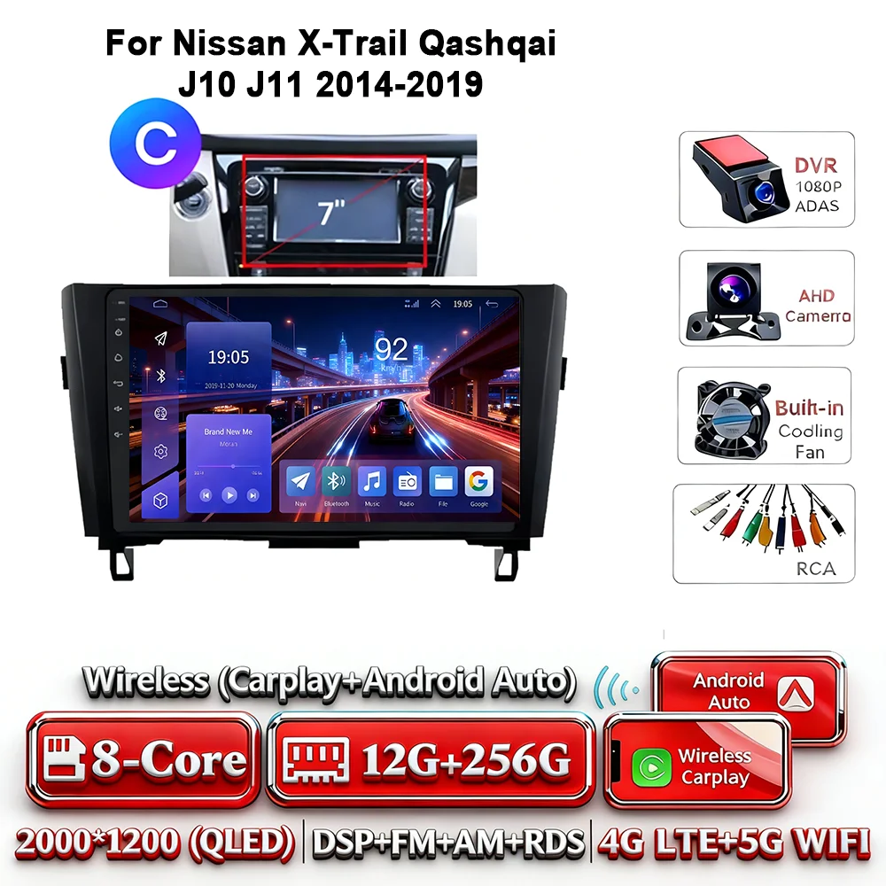 8-Core Android 17 2Din autoradio voor Nissan X-Trail Qashqai J10-J11 2014-2019 draadloze Carplay 4G GPS DSP BT dubbele lens