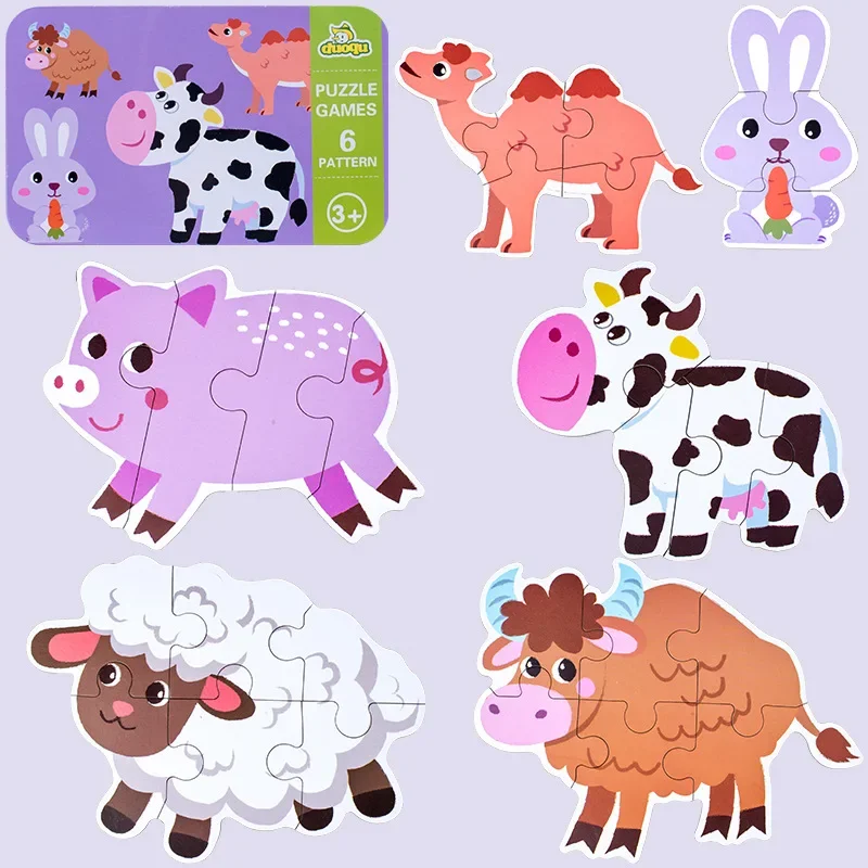 

Children Cartoon Animal Traffic Dinosaur Matching Pairs Wooden Jigsaw Puzzle With Iron Box for Kindergarten Baby Educational Toy