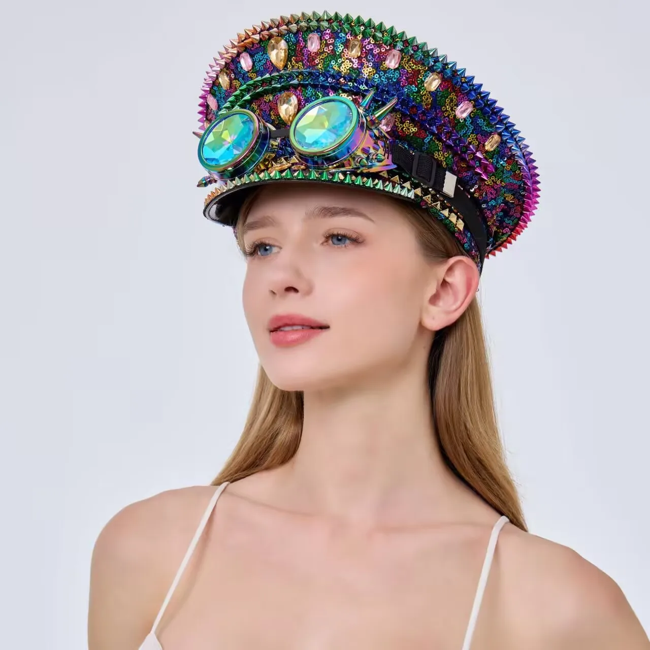 

HongLuan Дискотека в стиле стимпанк Капитанская шляпа со стразами и очками для фестиваля Burning Man для женщин, военные аксессуары и кепка для мужчин