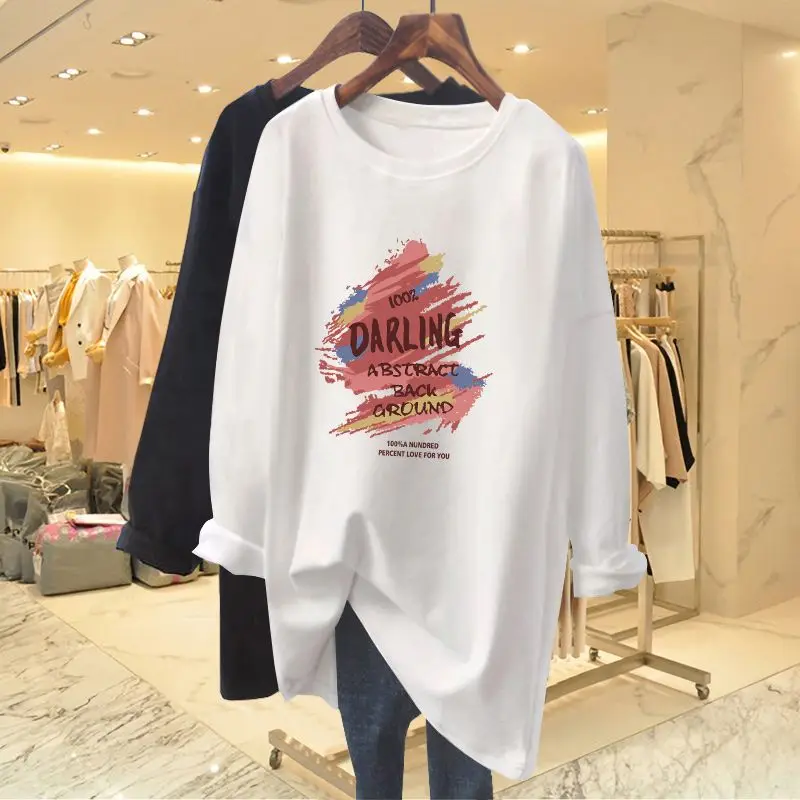 Spring Autumn Fashion O-neck Long Sleeve Basic T-shirt Women Casual Hand-Painted Letter Print Top Tee Loose Pullover 35-100Kg