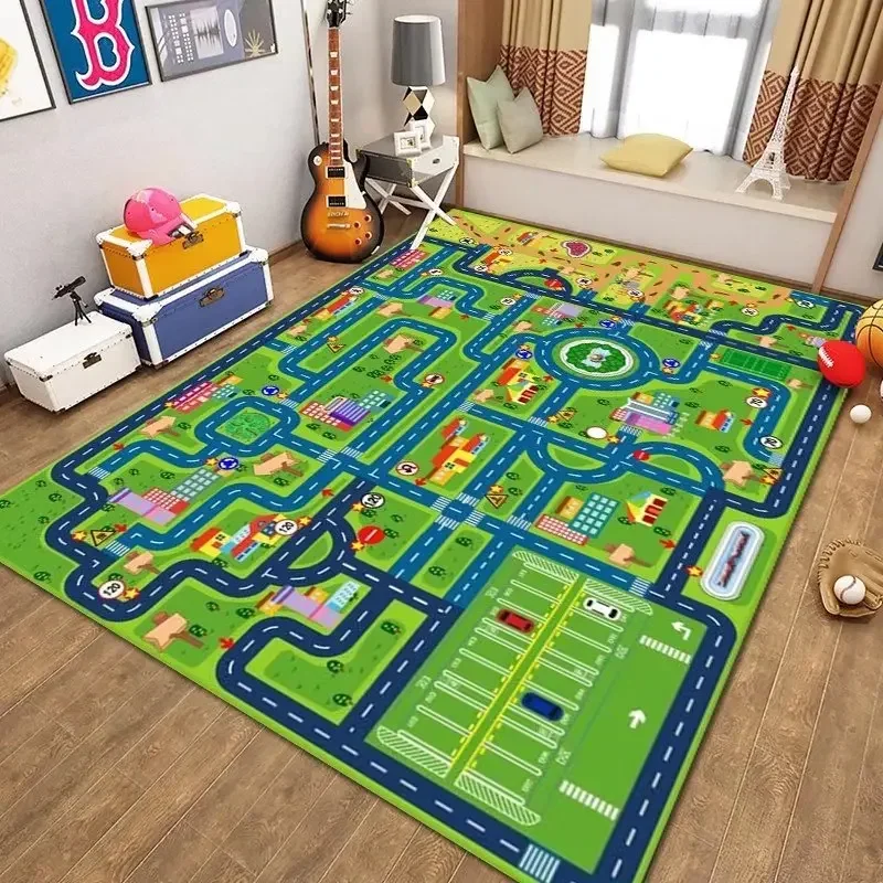 Boy and Girl Race Game Carpet Blue Pink Green Soft Climbing Mat Urban Road Rail Transit Carpet Office Children's Room Decoration