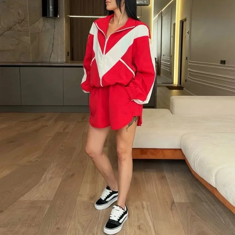 Retro Color‑Block Tracksuit Women's Stand Collar Windbreaker Jacket Short Pants Loose Streetwear 2 Piece Casual Matching Set New