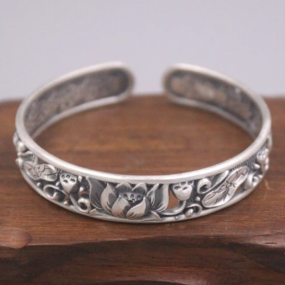 

Real 999 Fine Silver 12mm Lotus Flower Cuff Women's Bangle 2.44" Inside Dia.