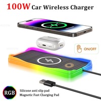 Car 100W Wireless Charger Pad ON/OFF RGB Anti Slip Base Phone Holder for iPhone 16-12 Samsung Xiaomi AirPods Pro 2 Fast Charging