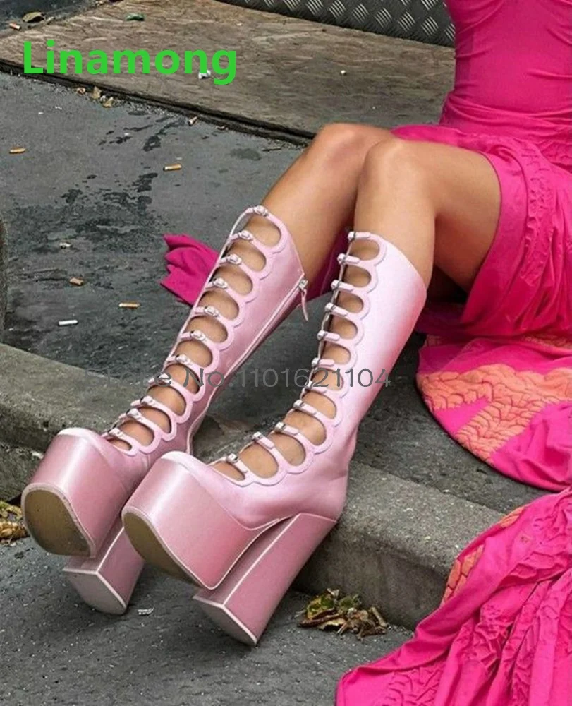 

Розовые женские ботинки на платформе и квадратном каблуке, новинка 2024, модная элегантная обувь с круглым носком и боковой молнией, с полой пряжкой