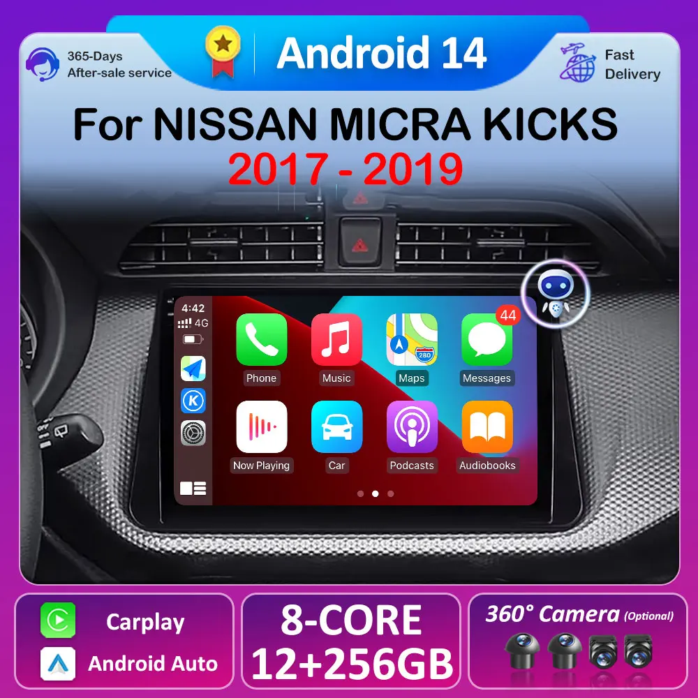 Android 14 Wireless Carplay Auto For NISSAN MICRA KICKS 2017 2018 2019 Car Radio Multimedia Video Player  4G Navigation GPS BT