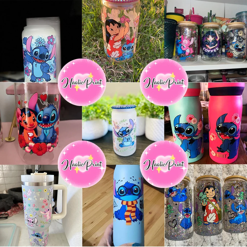 Stitch 16oz UV DTF taza envoltura Libbey vidrio cerveza lata vaso pegatinas de transferencia impermeable adhesivo permanente primavera flor dibujos