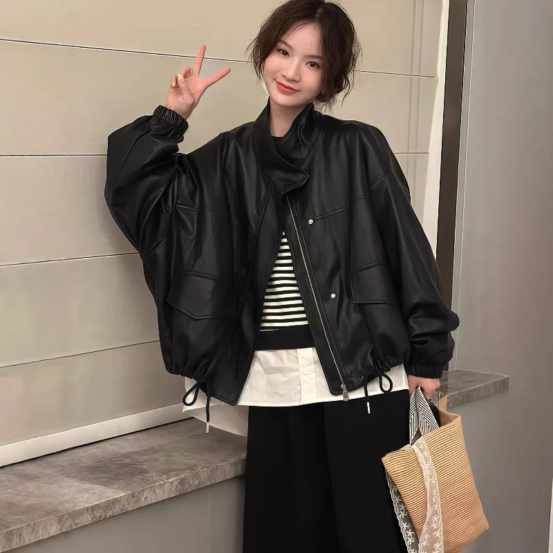 Stand-up Collar Leather Jacket Women's 2026 Autumn and Winter New High-end Loose Small Locomotive Clothes Drawstring Jacket Top