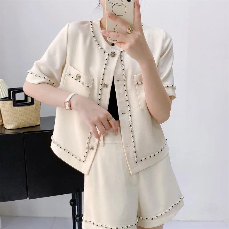 

High Quality Beaded Small Fragrance Women Suit Short Sleeve Coat + Shorts Fashion Loose Casual Summer French Two-piece Set