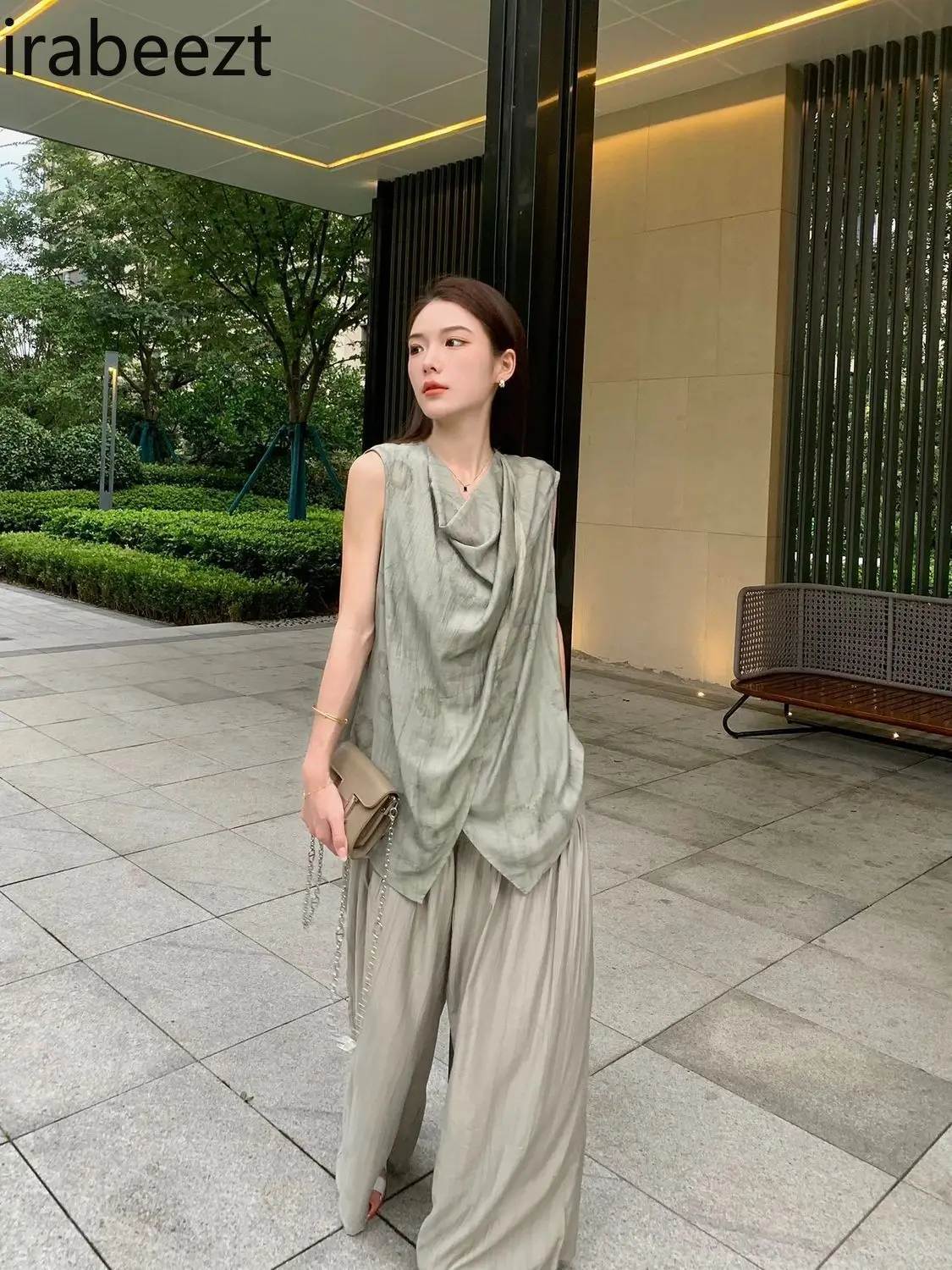 New Chinese Suit Women Summer 2024 New Style Retro Sleeveless Vest Top Wide Leg Long Pants Two-piece Set Workout Sets