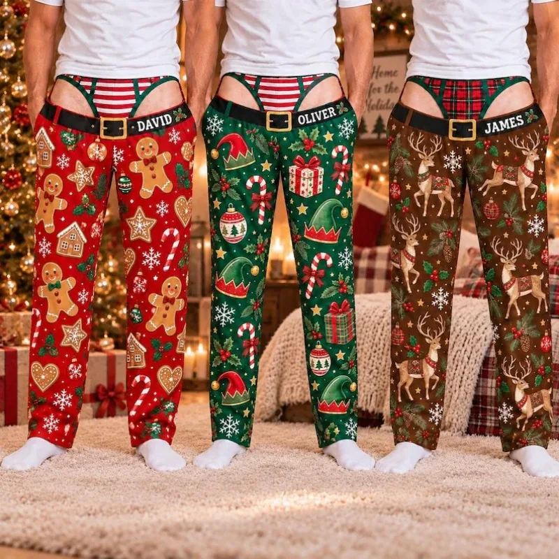 Halloween Themed Men's Home Sleeping Pants Gingerbread Man Elf Elk 3D Printed Pants Fun Holiday Parties Home Wide Leg Pants