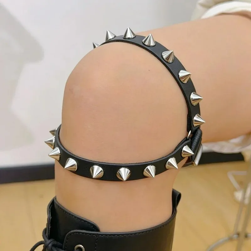 Double Row Cone Spike Leg Garter for Women Punk Rock Rivet Stud Thigh Strap PU Leather Adjustable Belt White Black Gothic Dark view 5